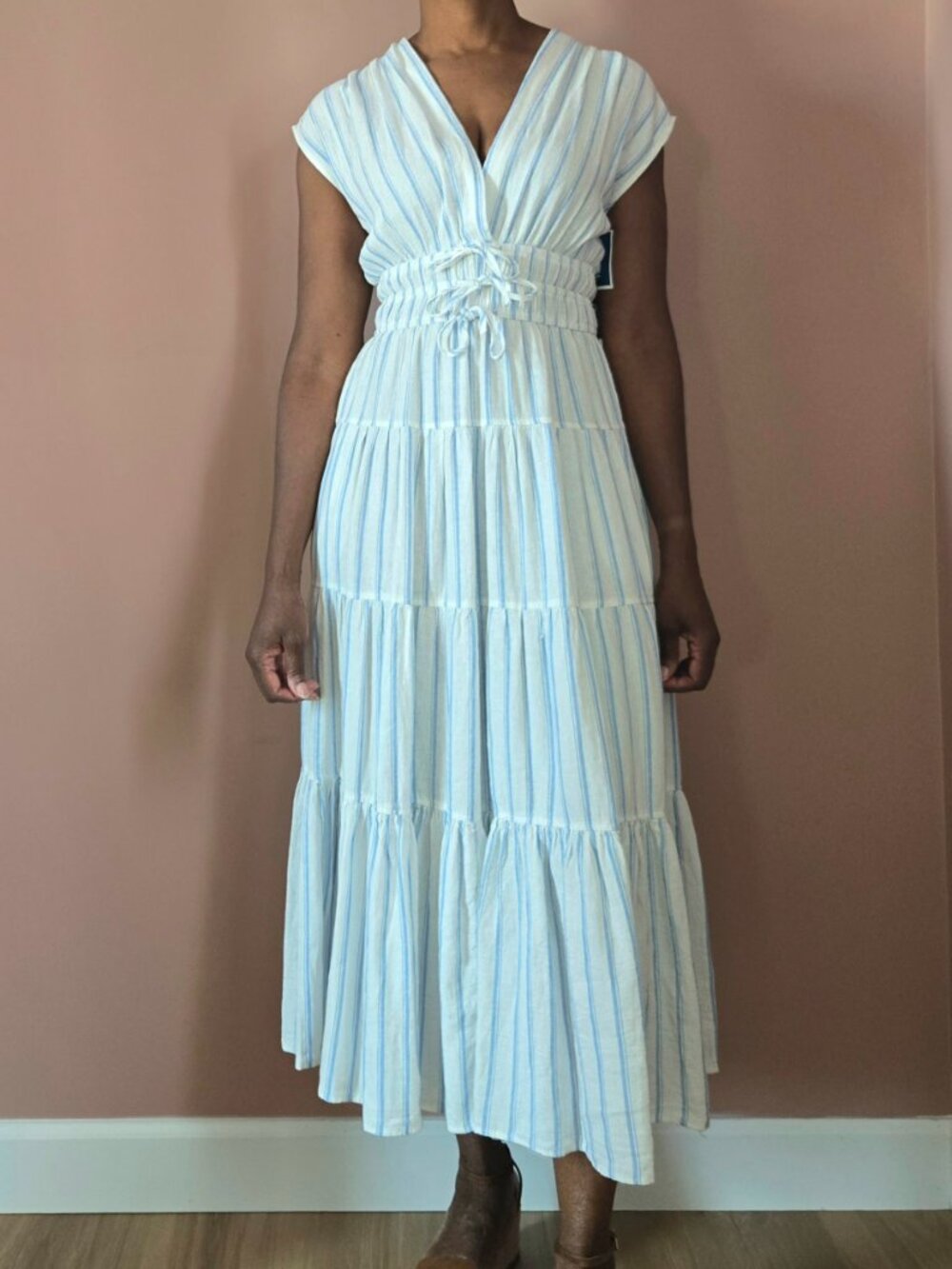 nicole miller new york | striped tiered maxi dress | linen-blend | nwt | us xs